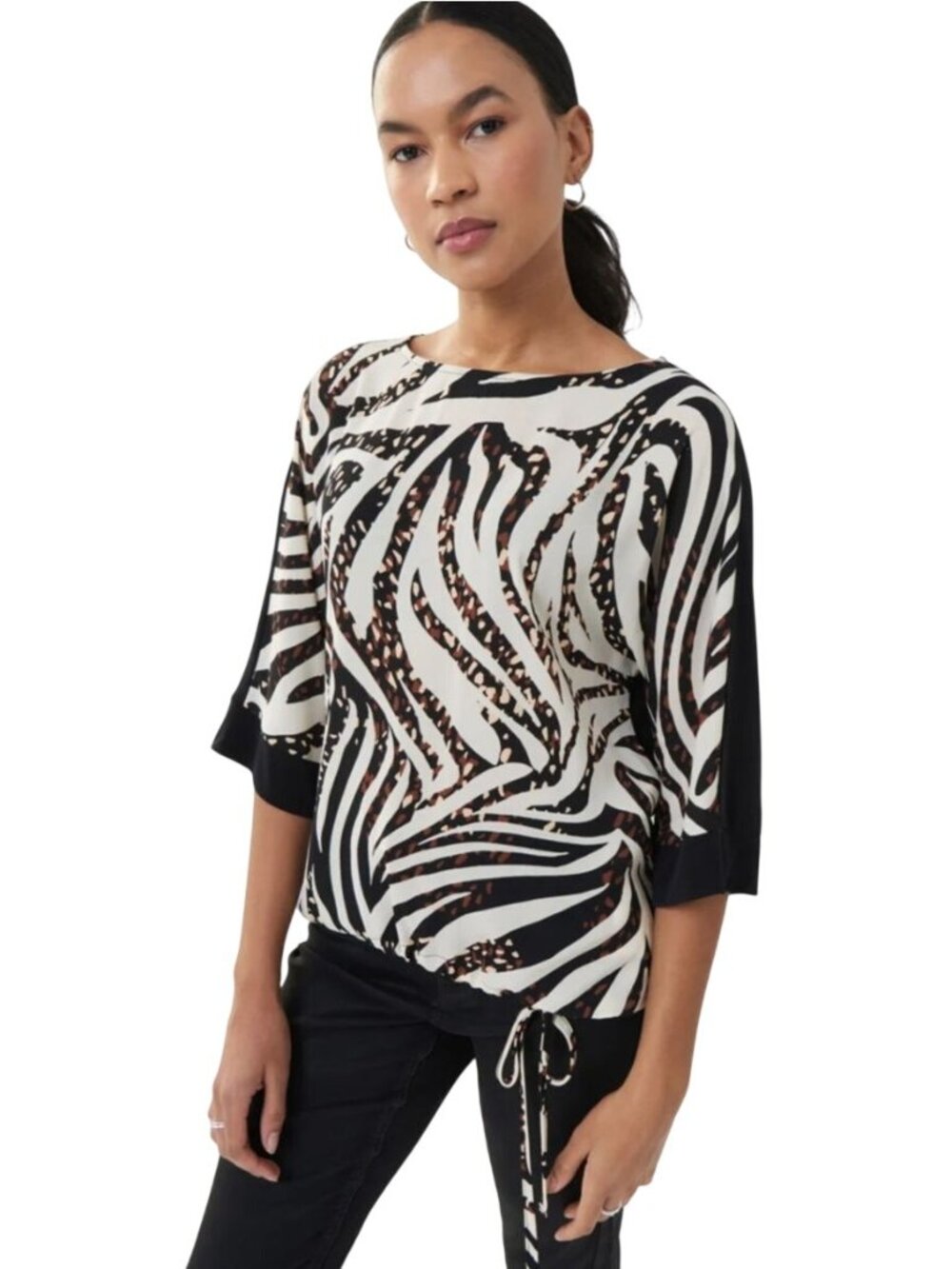 Joseph Ribkoff Beige Multi Animal Print Top Solid Back Tie Waist Size 10